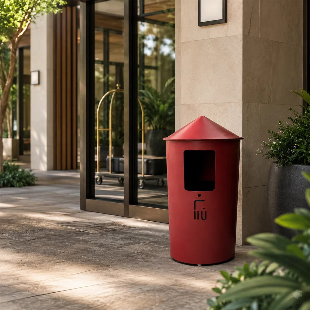 SOLARA Modern Outdoor Round Waste Bin Metal Inner Liner Large Capacity Freestanding Design for Hotel Lobby Public Area - Red