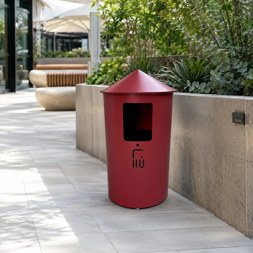 SOLARA Modern Outdoor Round Waste Bin Metal Inner Liner Large Capacity Freestanding Design for Hotel Lobby Public Area - Red