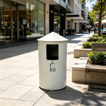 SOLARA Modern Outdoor Round Waste Bin Metal Inner Liner Large Capacity Freestanding Design for Hotel Lobby Public Area - White
