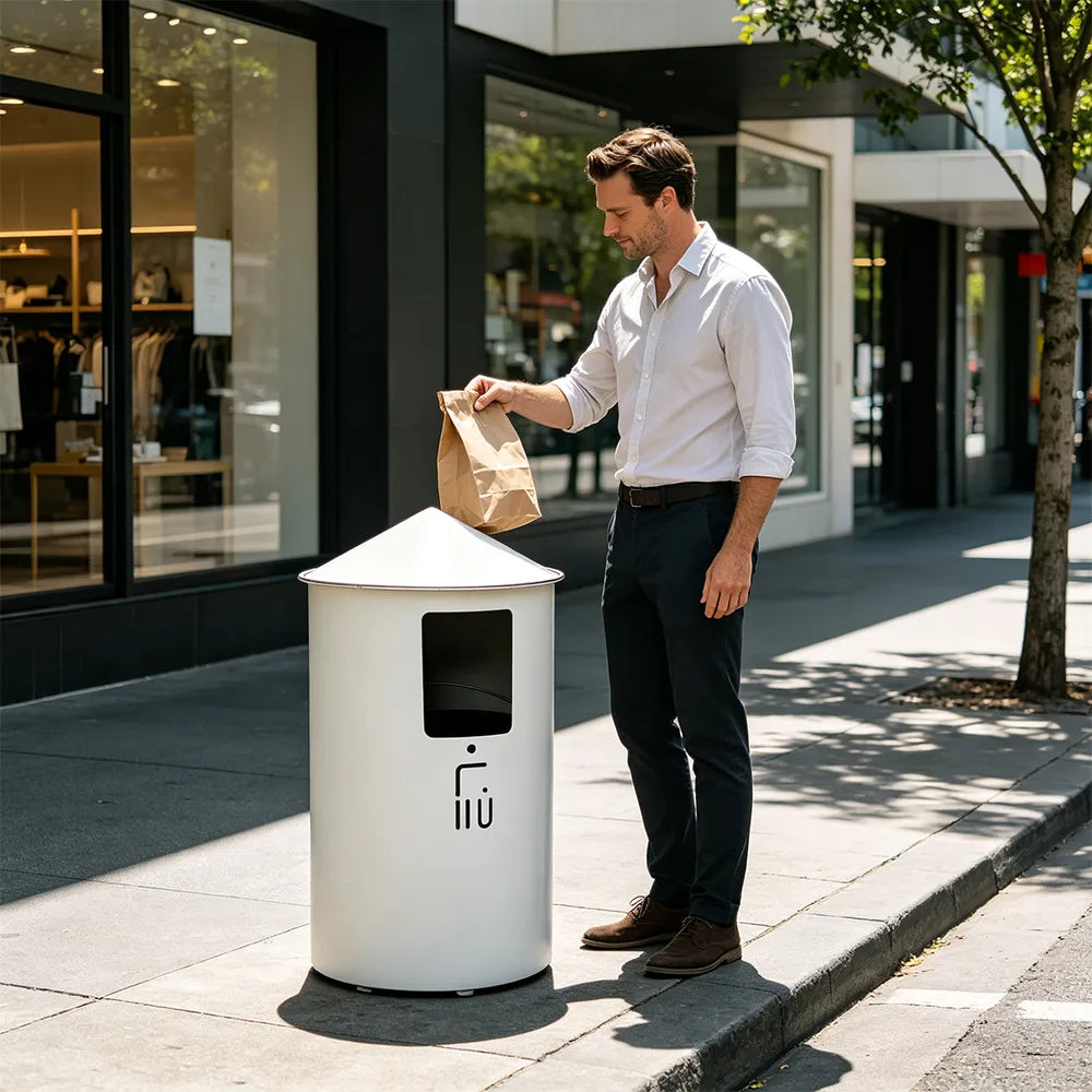 SOLARA Modern Outdoor Round Waste Bin Metal Inner Liner Large Capacity Freestanding Design for Hotel Lobby Public Area - White