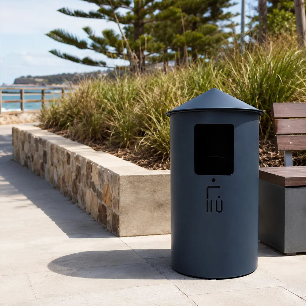 SOLARA Modern Outdoor Round Waste Bin Metal Inner Liner Large Capacity Freestanding Design for Hotel Lobby Public Area - Grey