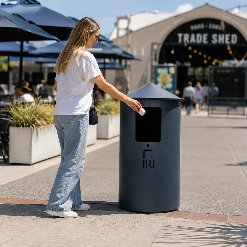 SOLARA Modern Outdoor Round Waste Bin Metal Inner Liner Large Capacity Freestanding Design for Hotel Lobby Public Area - Grey