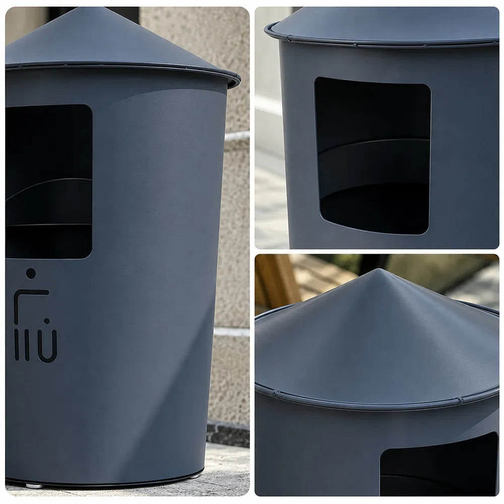 SOLARA Modern Outdoor Round Waste Bin Metal Inner Liner Large Capacity Freestanding Design for Hotel Lobby Public Area - Grey