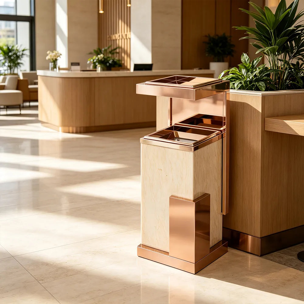 SOLARA Luxury Stone Texture Waste Bin Marble Finish Stainless Steel Inner Bin for Hotel Lobby Office Commercial Space - Pink&Yellow