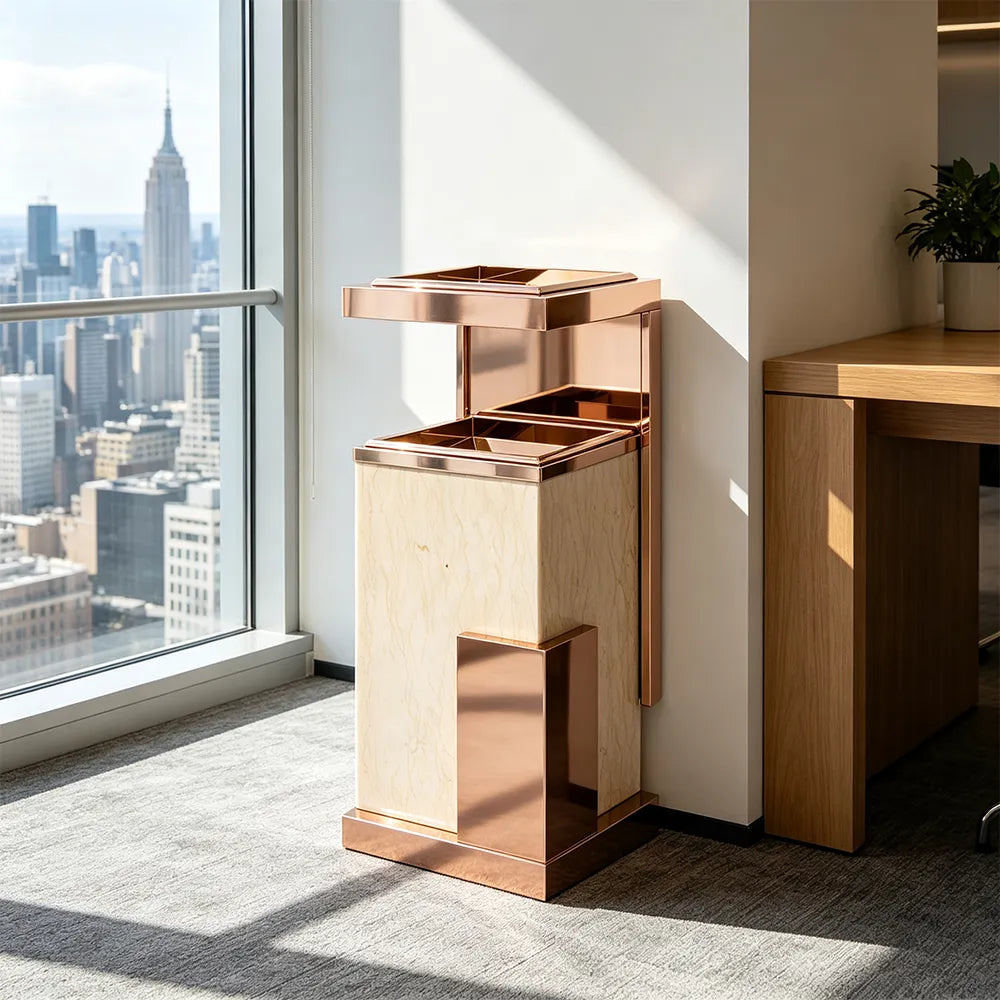 SOLARA Luxury Stone Texture Waste Bin Marble Finish Stainless Steel Inner Bin for Hotel Lobby Office Commercial Space - Pink&Yellow