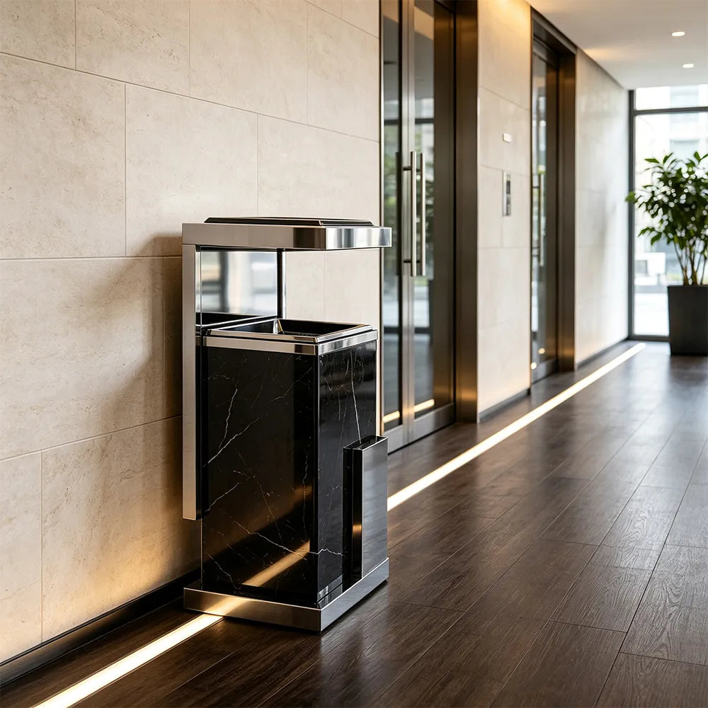 SOLARA Luxury Stone Texture Waste Bin Marble Finish Stainless Steel Inner Bin for Hotel Lobby Office Commercial Space - Black&Grey