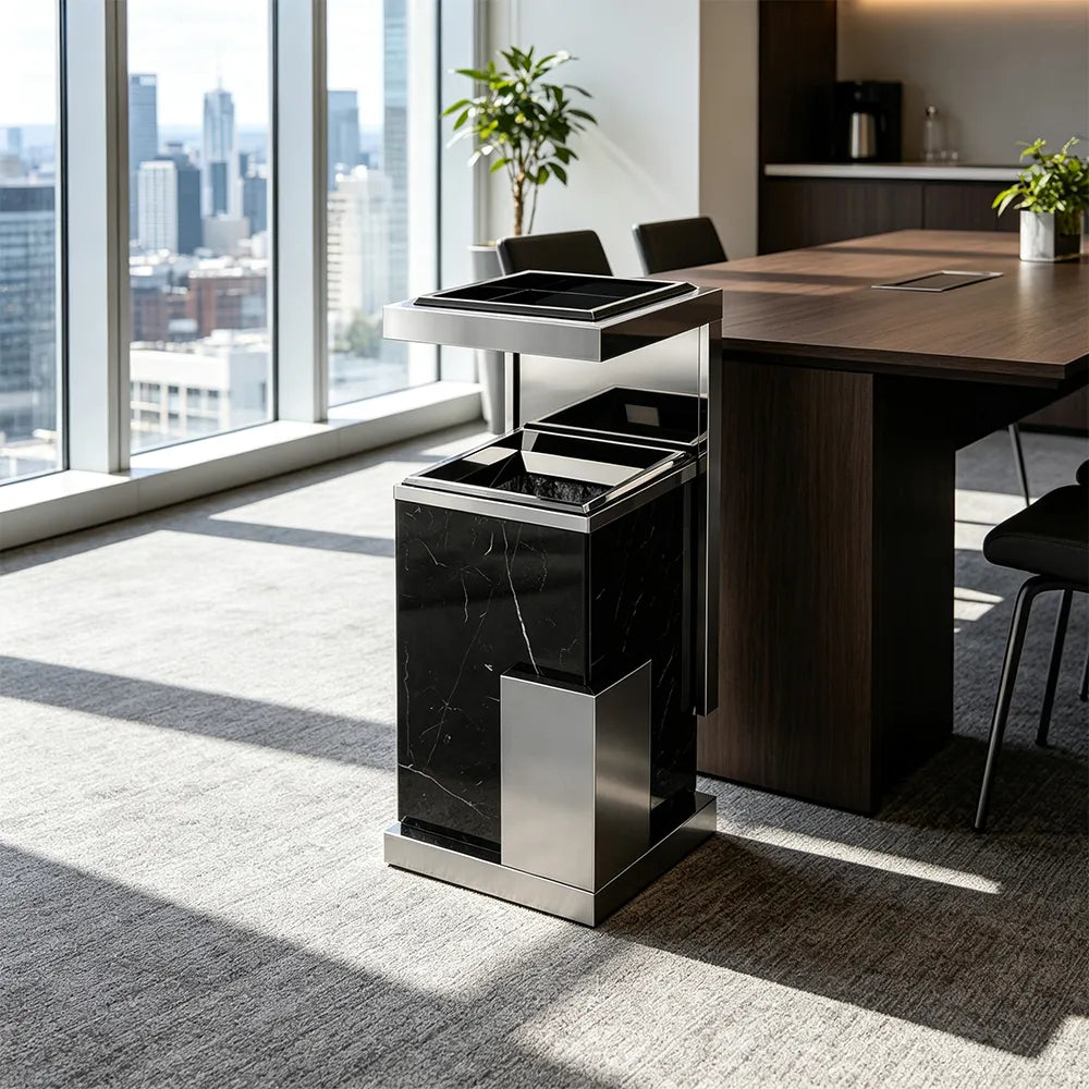 SOLARA Luxury Stone Texture Waste Bin Marble Finish Stainless Steel Inner Bin for Hotel Lobby Office Commercial Space - Black&Grey