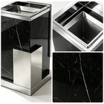 SOLARA Luxury Stone Texture Waste Bin Marble Finish Stainless Steel Inner Bin for Hotel Lobby Office Commercial Space - Black&Grey