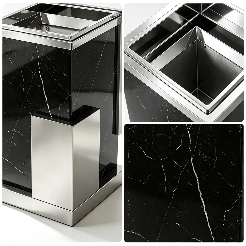 SOLARA Luxury Stone Texture Waste Bin Marble Finish Stainless Steel Inner Bin for Hotel Lobby Office Commercial Space - Black&Grey