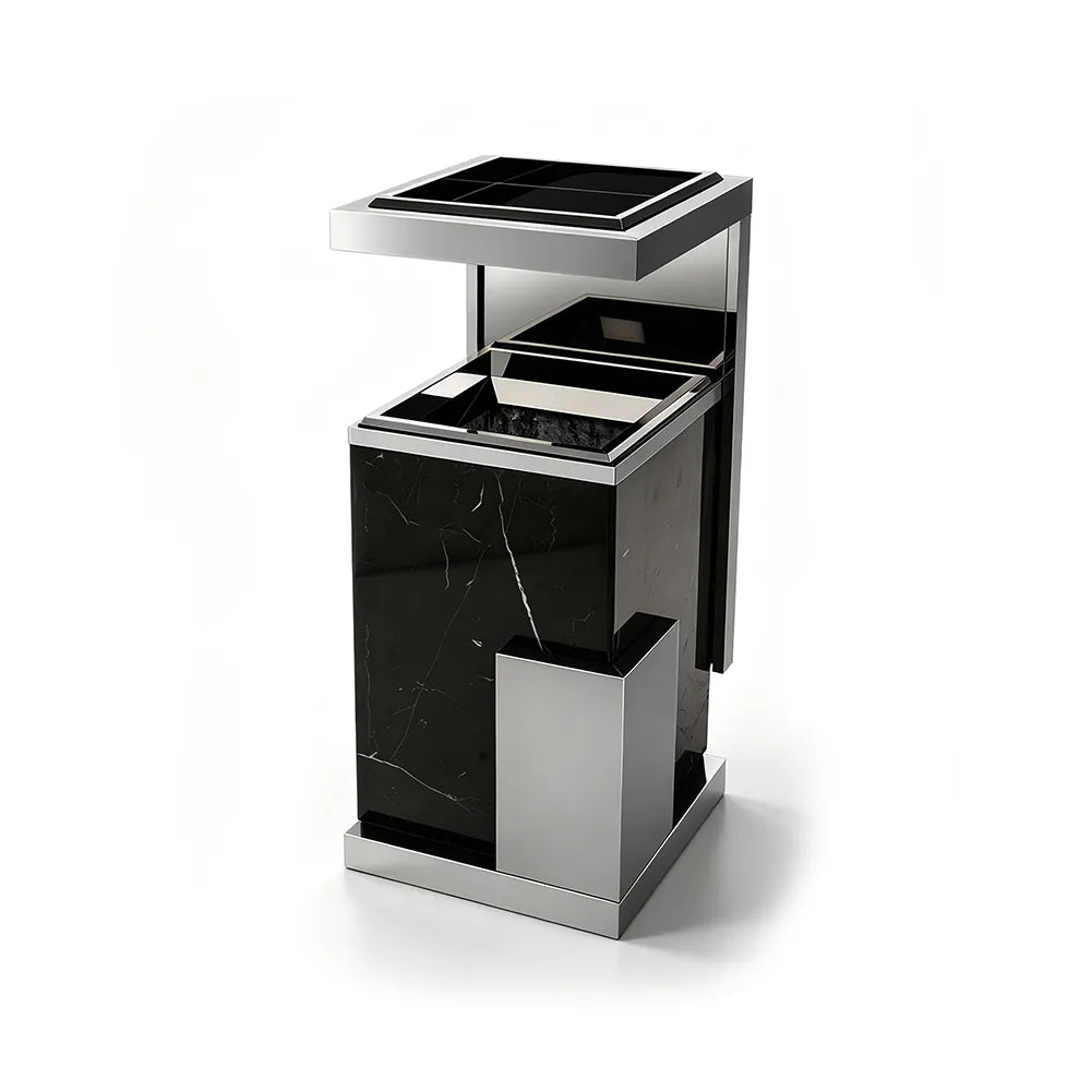 SOLARA Luxury Stone Texture Waste Bin Marble Finish Stainless Steel Inner Bin for Hotel Lobby Office Commercial Space - Black&Grey