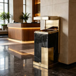 SOLARA Luxury Stone Texture Waste Bin Marble Finish Stainless Steel Inner Bin for Hotel Lobby Office Commercial Space - Black&Gold