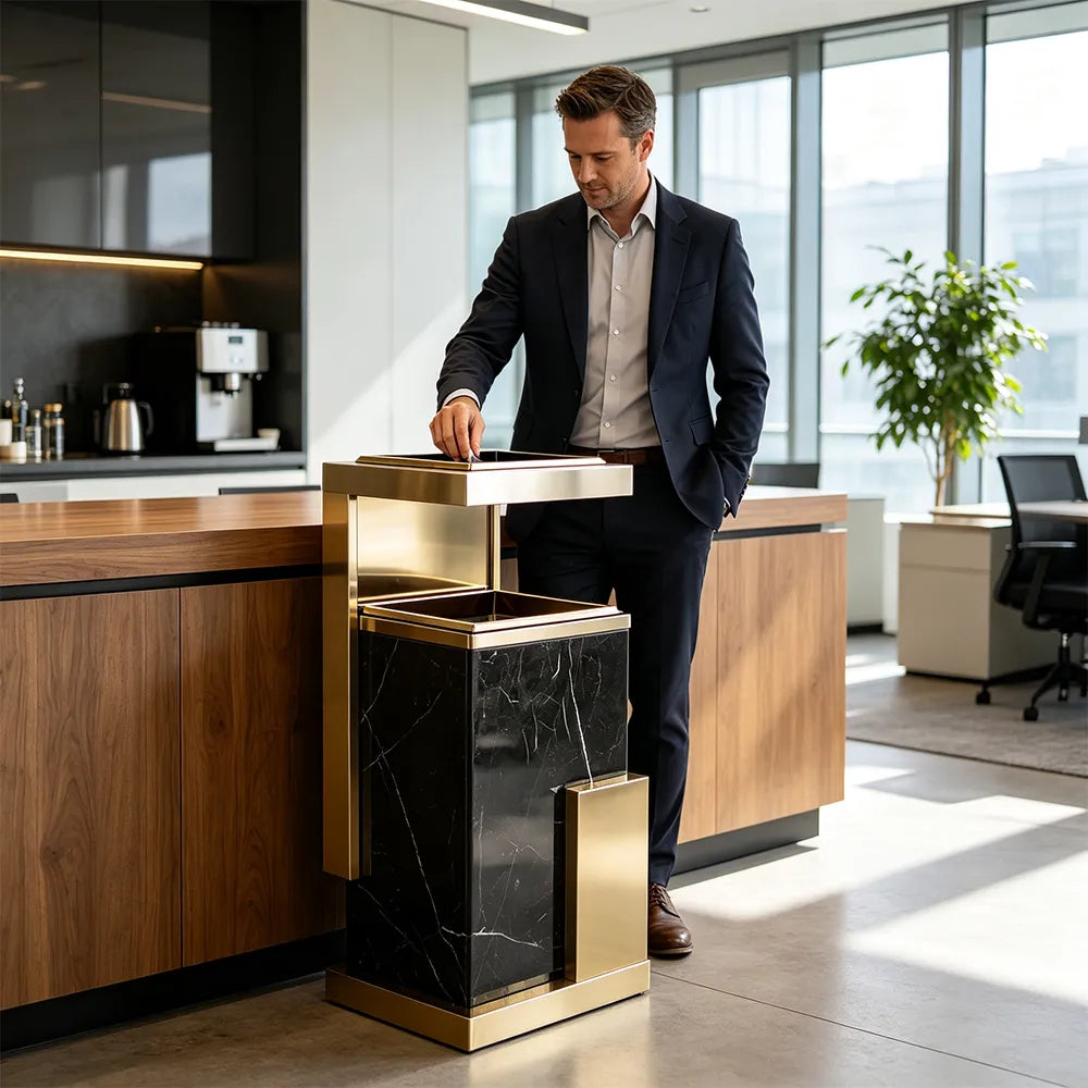 SOLARA Luxury Stone Texture Waste Bin Marble Finish Stainless Steel Inner Bin for Hotel Lobby Office Commercial Space - Black&Gold