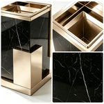 SOLARA Luxury Stone Texture Waste Bin Marble Finish Stainless Steel Inner Bin for Hotel Lobby Office Commercial Space - Black&Gold
