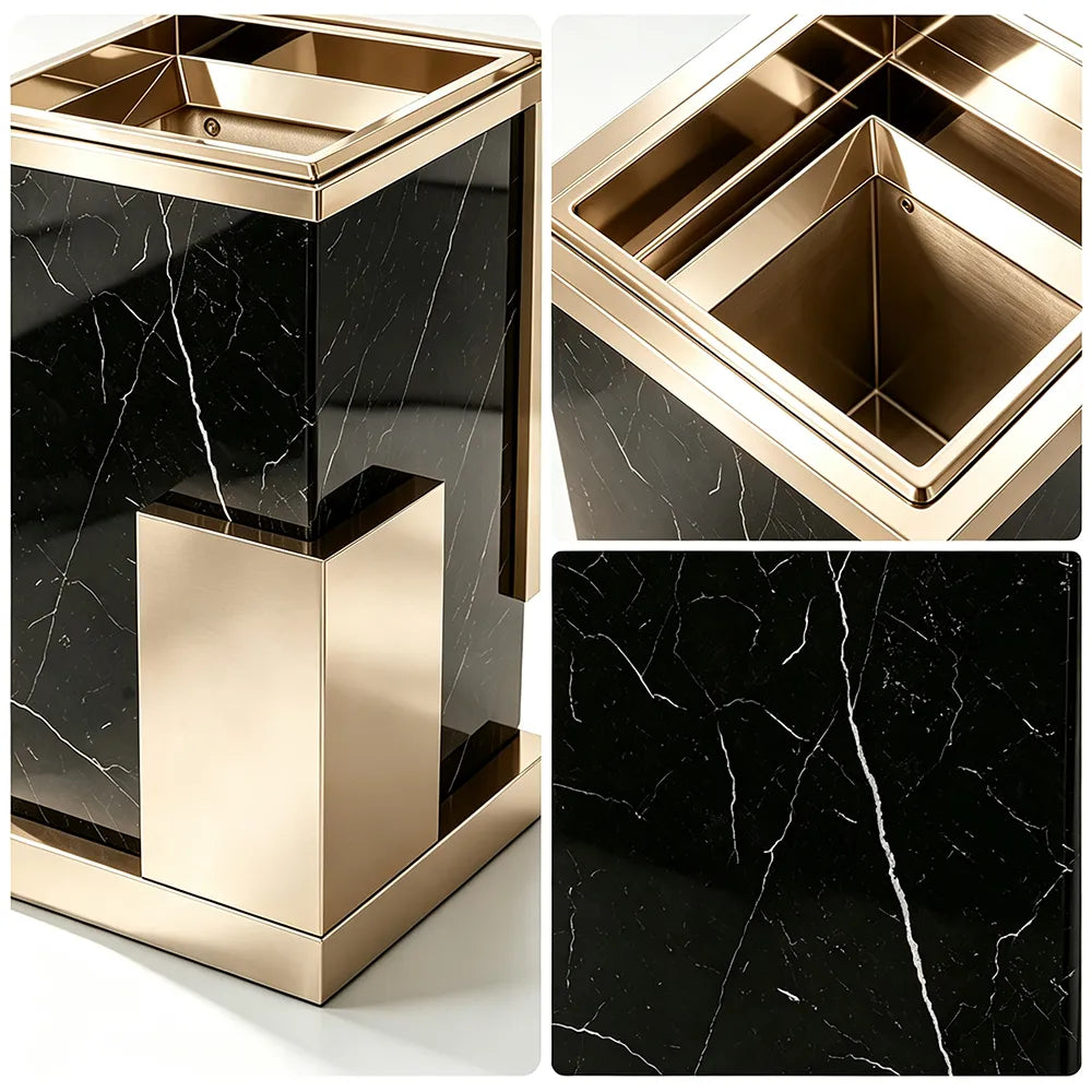 SOLARA Luxury Stone Texture Waste Bin Marble Finish Stainless Steel Inner Bin for Hotel Lobby Office Commercial Space - Black&Gold