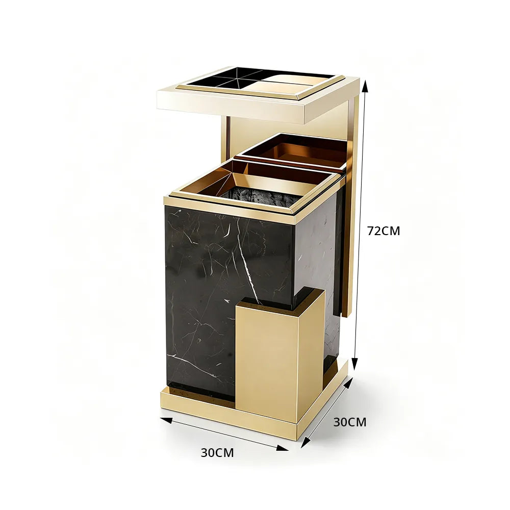 SOLARA Luxury Stone Texture Waste Bin Marble Finish Stainless Steel Inner Bin for Hotel Lobby Office Commercial Space - Black&Gold