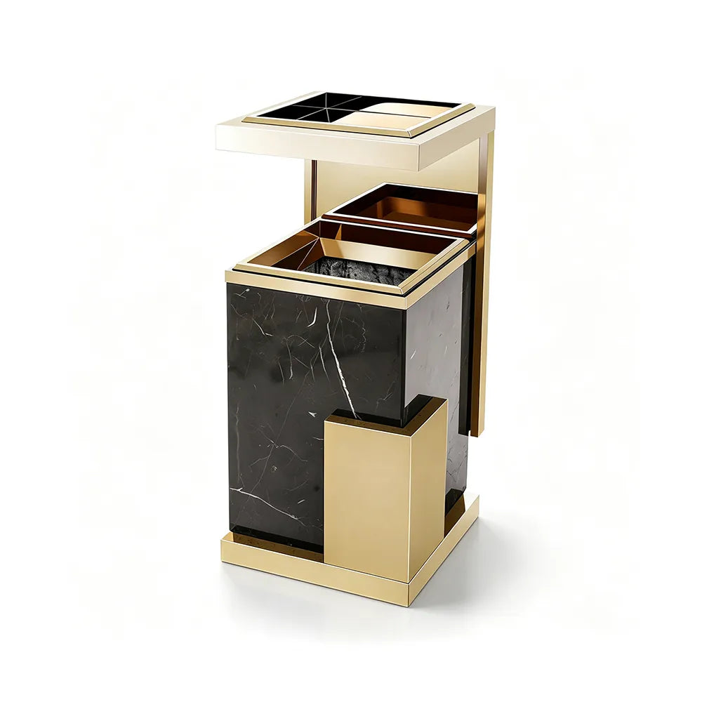 SOLARA Luxury Stone Texture Waste Bin Marble Finish Stainless Steel Inner Bin for Hotel Lobby Office Commercial Space - Black&Gold