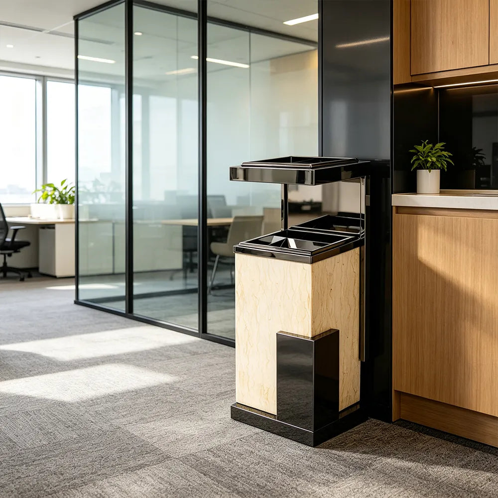 SOLARA Luxury Stone Texture Waste Bin Marble Finish Stainless Steel Inner Bin for Hotel Lobby Office Commercial Space - Black&Yellow