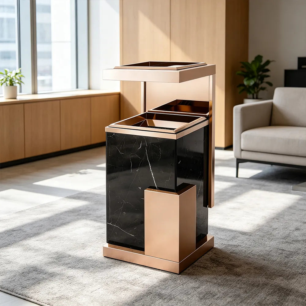 SOLARA Luxury Stone Texture Waste Bin Marble Finish Stainless Steel Inner Bin for Hotel Lobby Office Commercial Space - Pink&Black