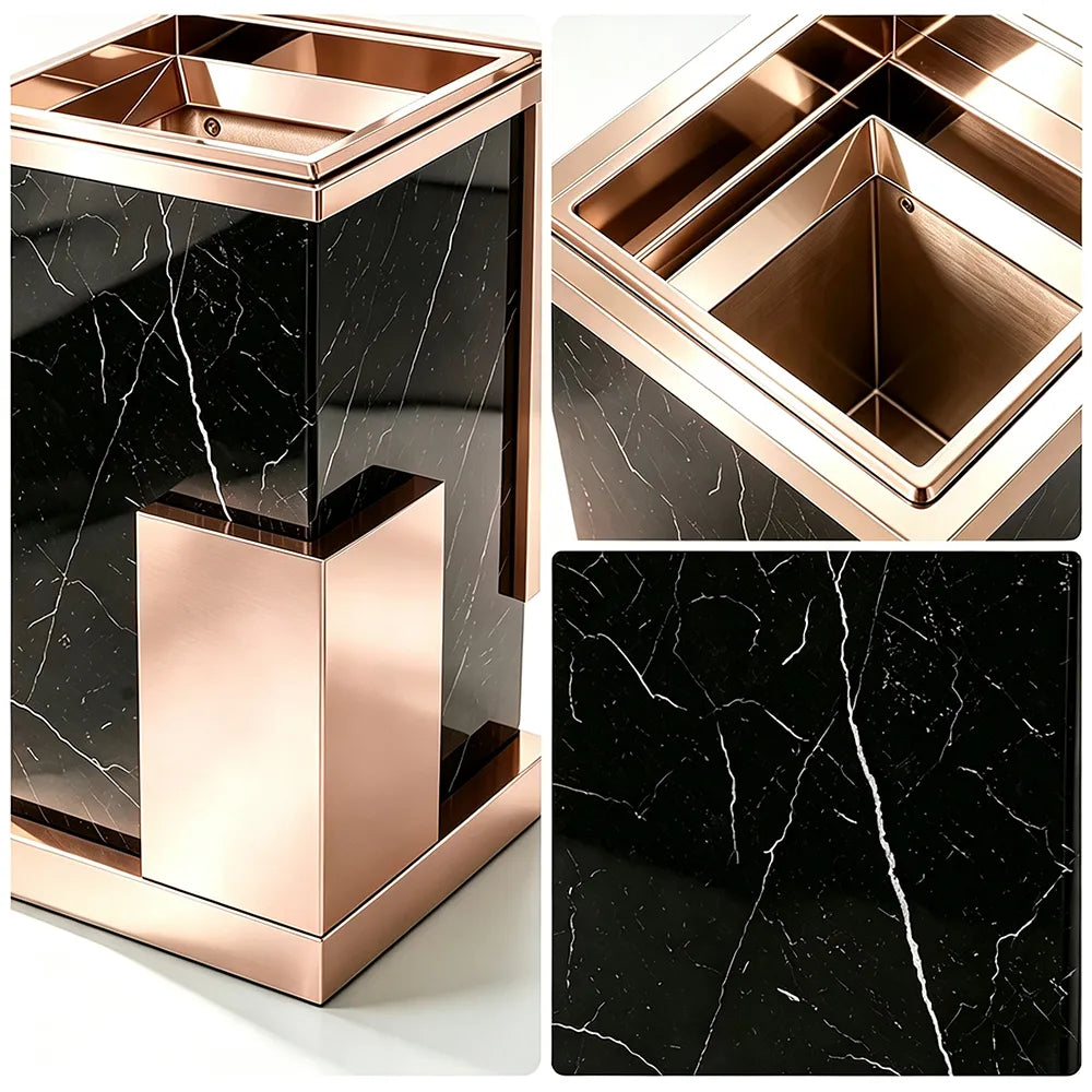 SOLARA Luxury Stone Texture Waste Bin Marble Finish Stainless Steel Inner Bin for Hotel Lobby Office Commercial Space - Pink&Black