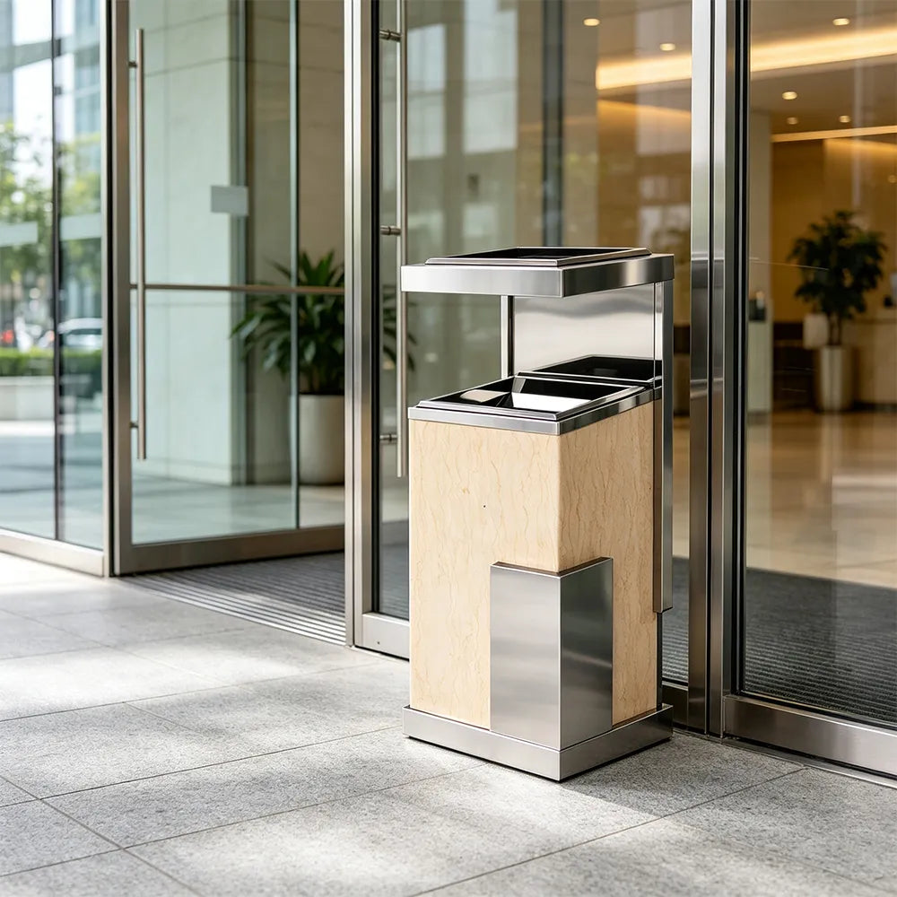 SOLARA Luxury Stone Texture Waste Bin Marble Finish Stainless Steel Inner Bin for Hotel Lobby Office Commercial Space - Yellow