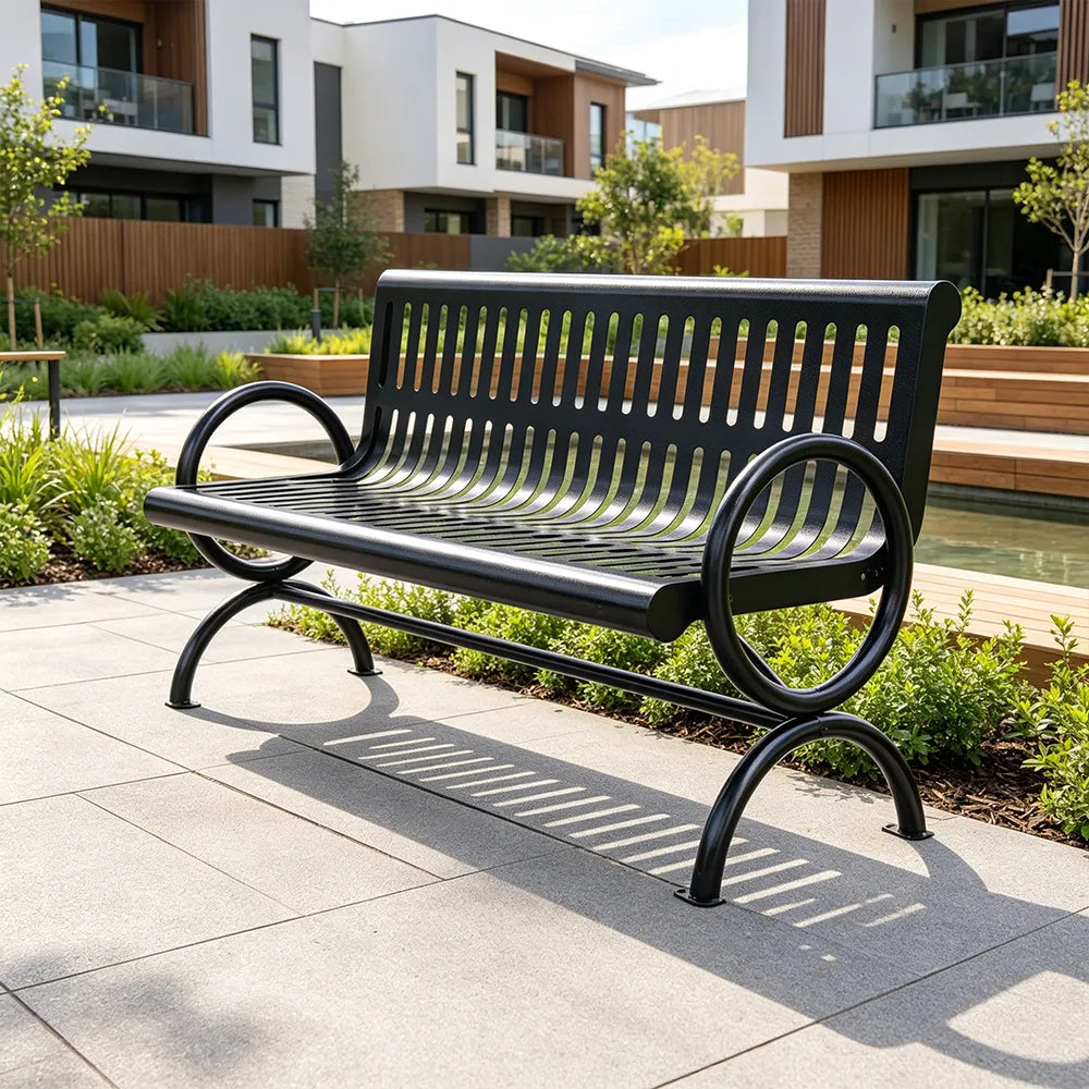 SOLARA Outdoor Public Bench Galvanised Steel Seat Durable Metal Frame for Park Garden Community Square Spaces - Black