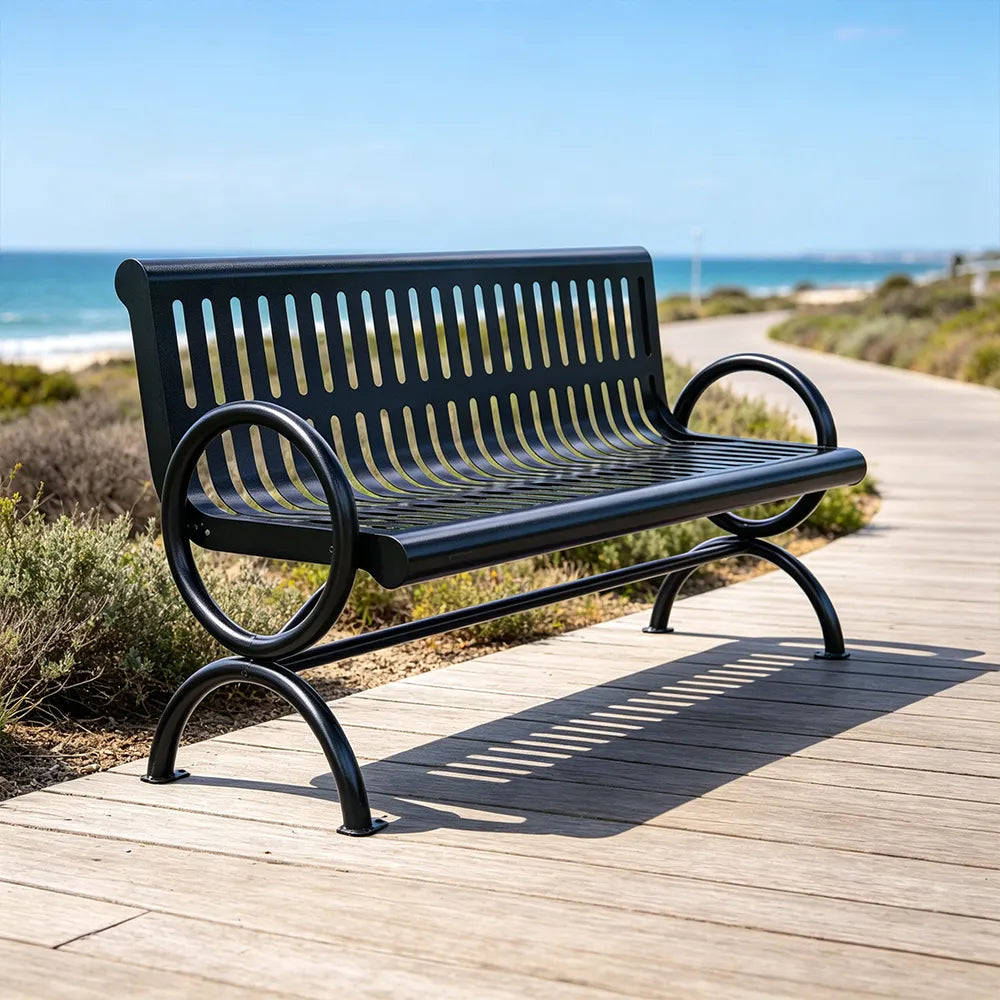 SOLARA Outdoor Public Bench Galvanised Steel Seat Durable Metal Frame for Park Garden Community Square Spaces - Black