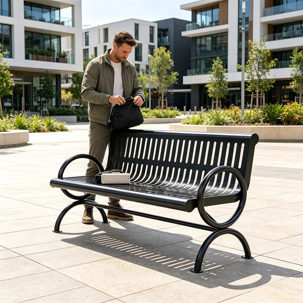 SOLARA Outdoor Public Bench Galvanised Steel Seat Durable Metal Frame for Park Garden Community Square Spaces - Black