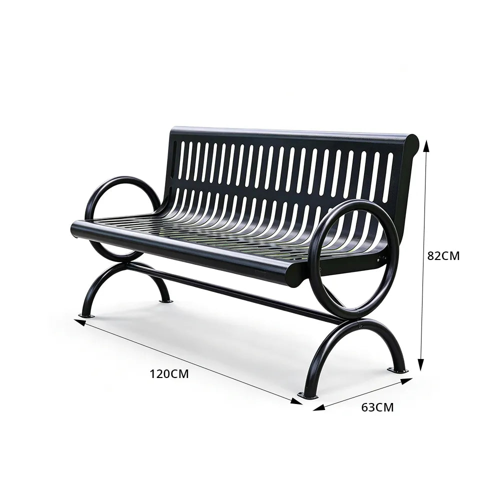 SOLARA Outdoor Public Bench Galvanised Steel Seat Durable Metal Frame for Park Garden Community Square Spaces - Black