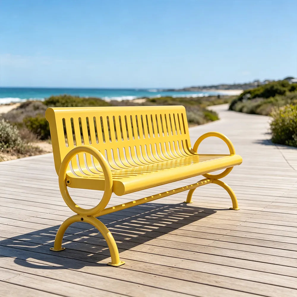 SOLARA Outdoor Public Bench Galvanised Steel Seat Durable Metal Frame for Park Garden Community Square Spaces - Yellow