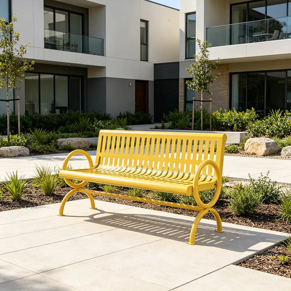 SOLARA Outdoor Public Bench Galvanised Steel Seat Durable Metal Frame for Park Garden Community Square Spaces - Yellow