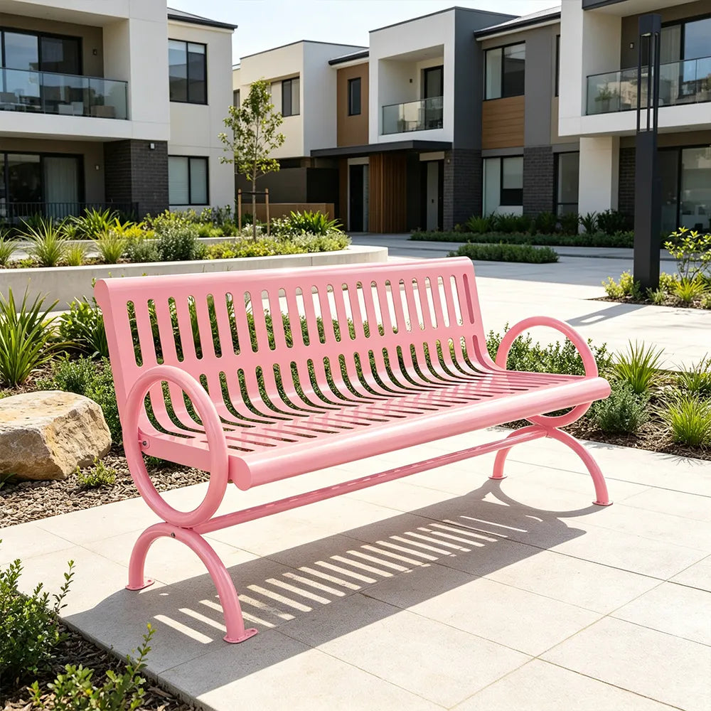 SOLARA Outdoor Public Bench Galvanised Steel Seat Durable Metal Frame for Park Garden Community Square Spaces - Pink