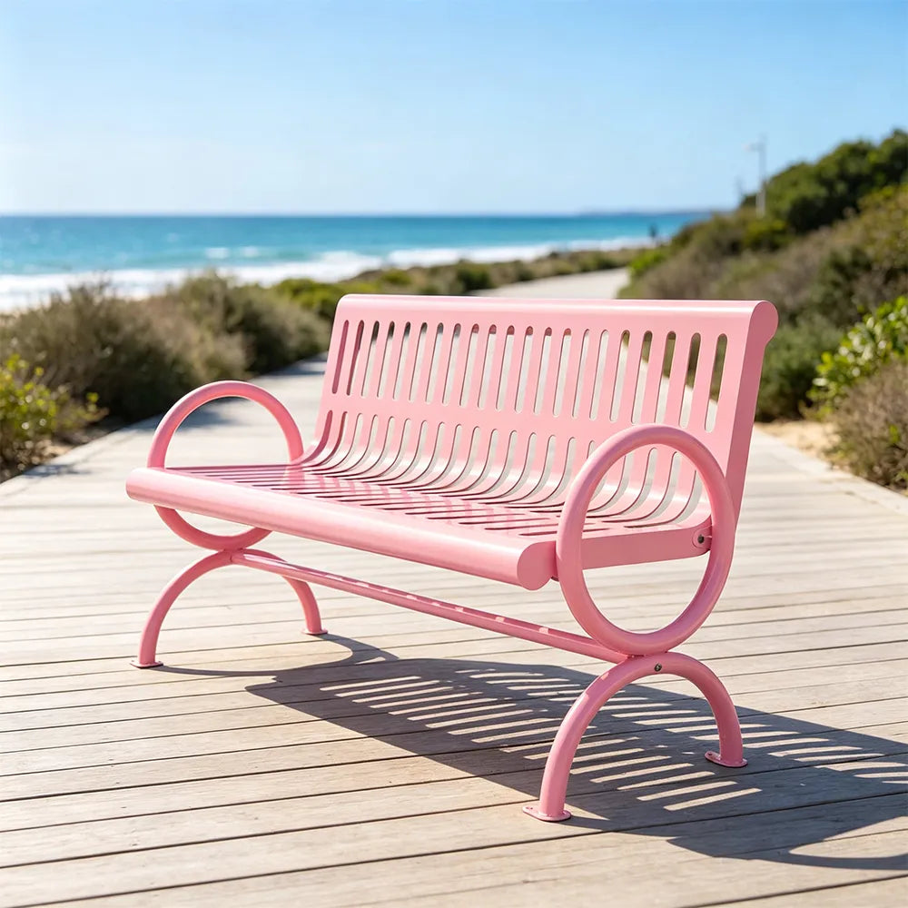 SOLARA Outdoor Public Bench Galvanised Steel Seat Durable Metal Frame for Park Garden Community Square Spaces - Pink