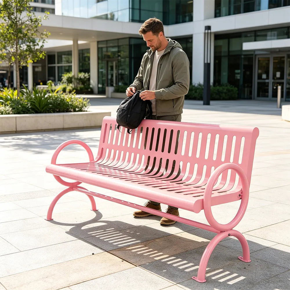 SOLARA Outdoor Public Bench Galvanised Steel Seat Durable Metal Frame for Park Garden Community Square Spaces - Pink