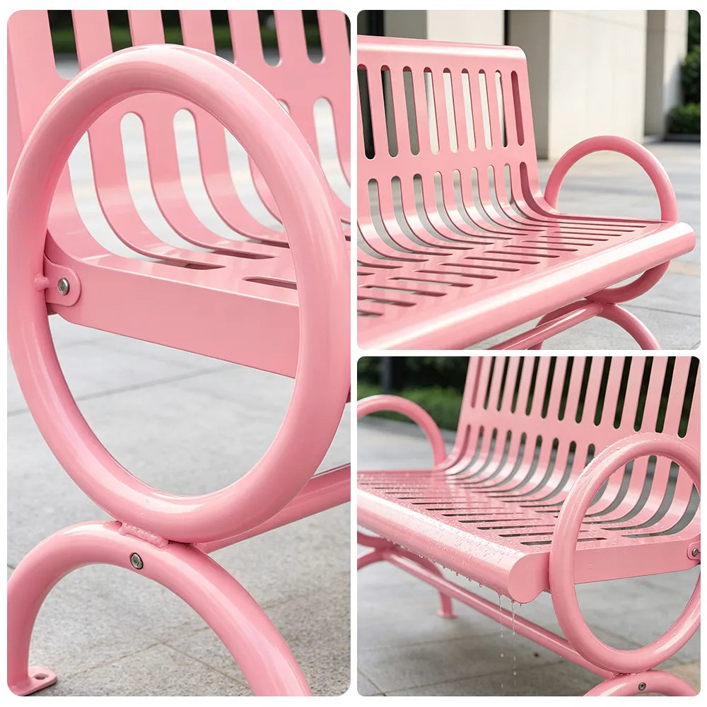 SOLARA Outdoor Public Bench Galvanised Steel Seat Durable Metal Frame for Park Garden Community Square Spaces - Pink