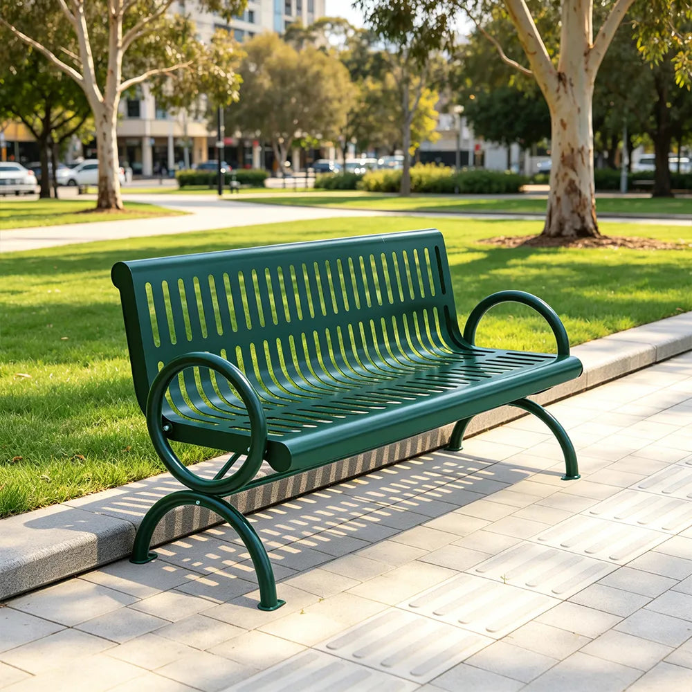 SOLARA Outdoor Public Bench Galvanised Steel Seat Durable Metal Frame for Park Garden Community Square Spaces - Green
