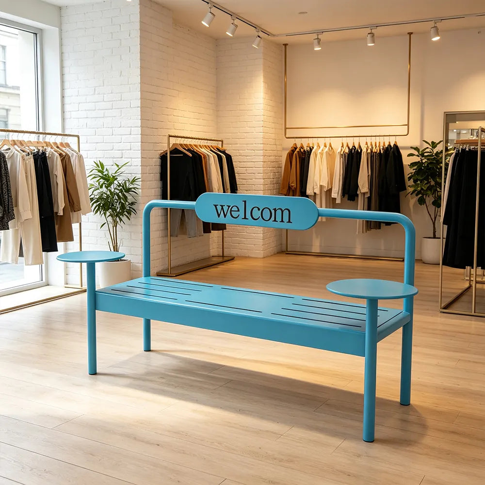 SOLARA Modern Iron Bench Space Saving Design Dual Side Tables for Lobby Waiting Area Retail Store & Reception Space - Blue
