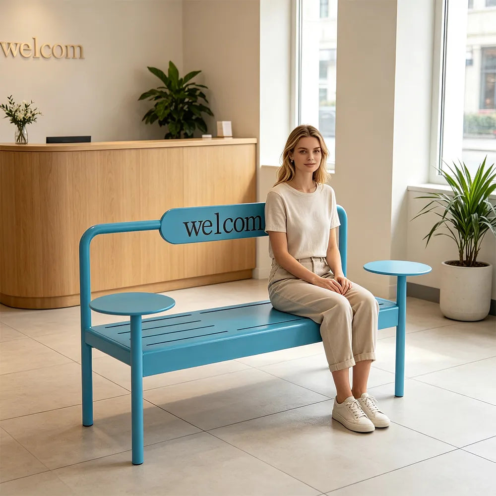 SOLARA Modern Iron Bench Space Saving Design Dual Side Tables for Lobby Waiting Area Retail Store & Reception Space - Blue