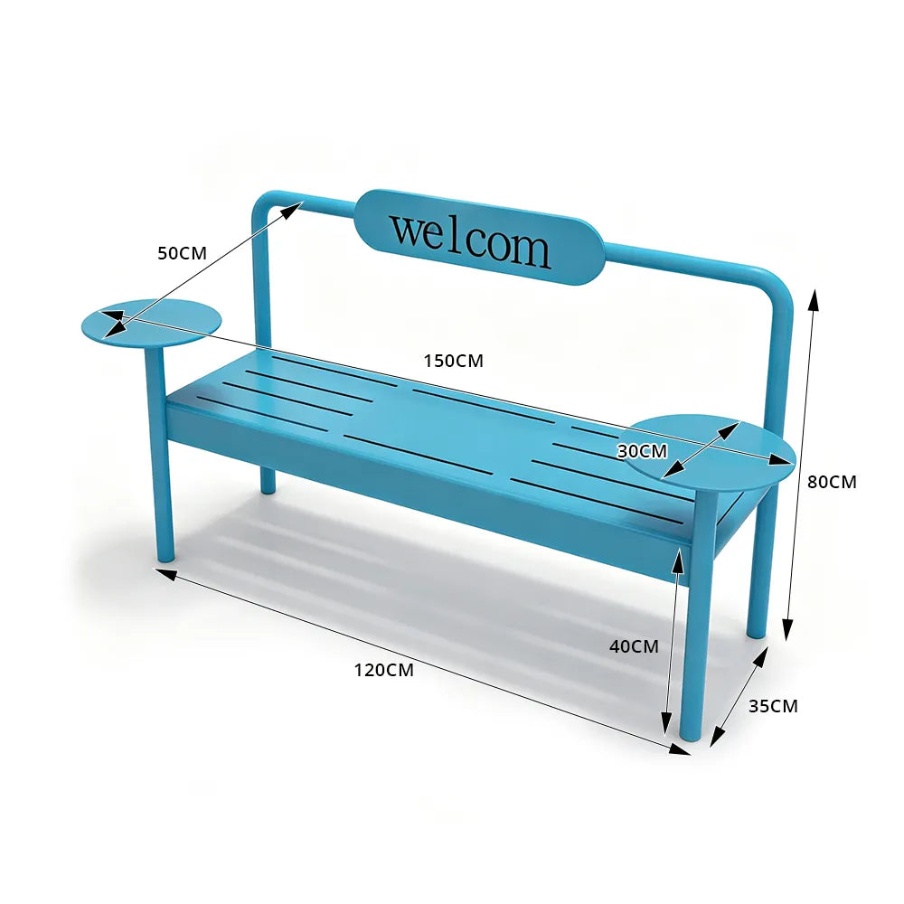 SOLARA Modern Iron Bench Space Saving Design Dual Side Tables for Lobby Waiting Area Retail Store & Reception Space - Blue