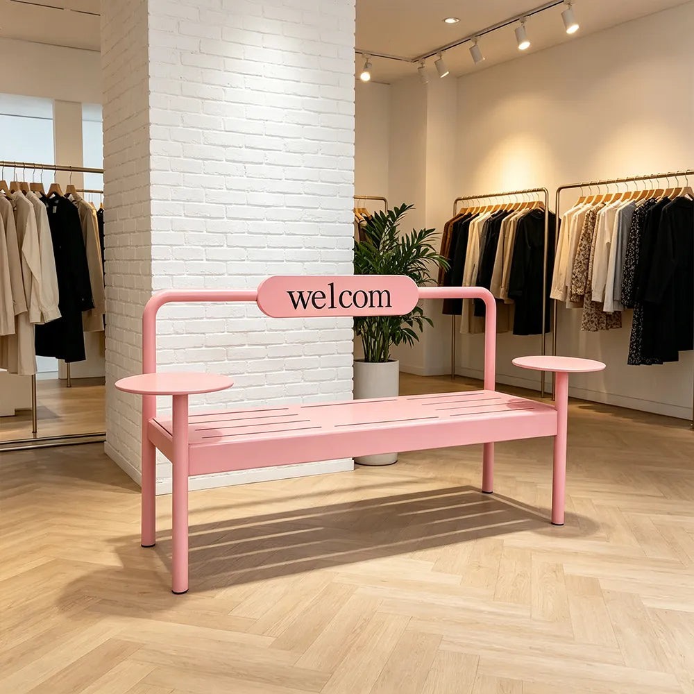 SOLARA Modern Iron Bench Space Saving Design Dual Side Tables for Lobby Waiting Area Retail Store & Reception Space - Pink