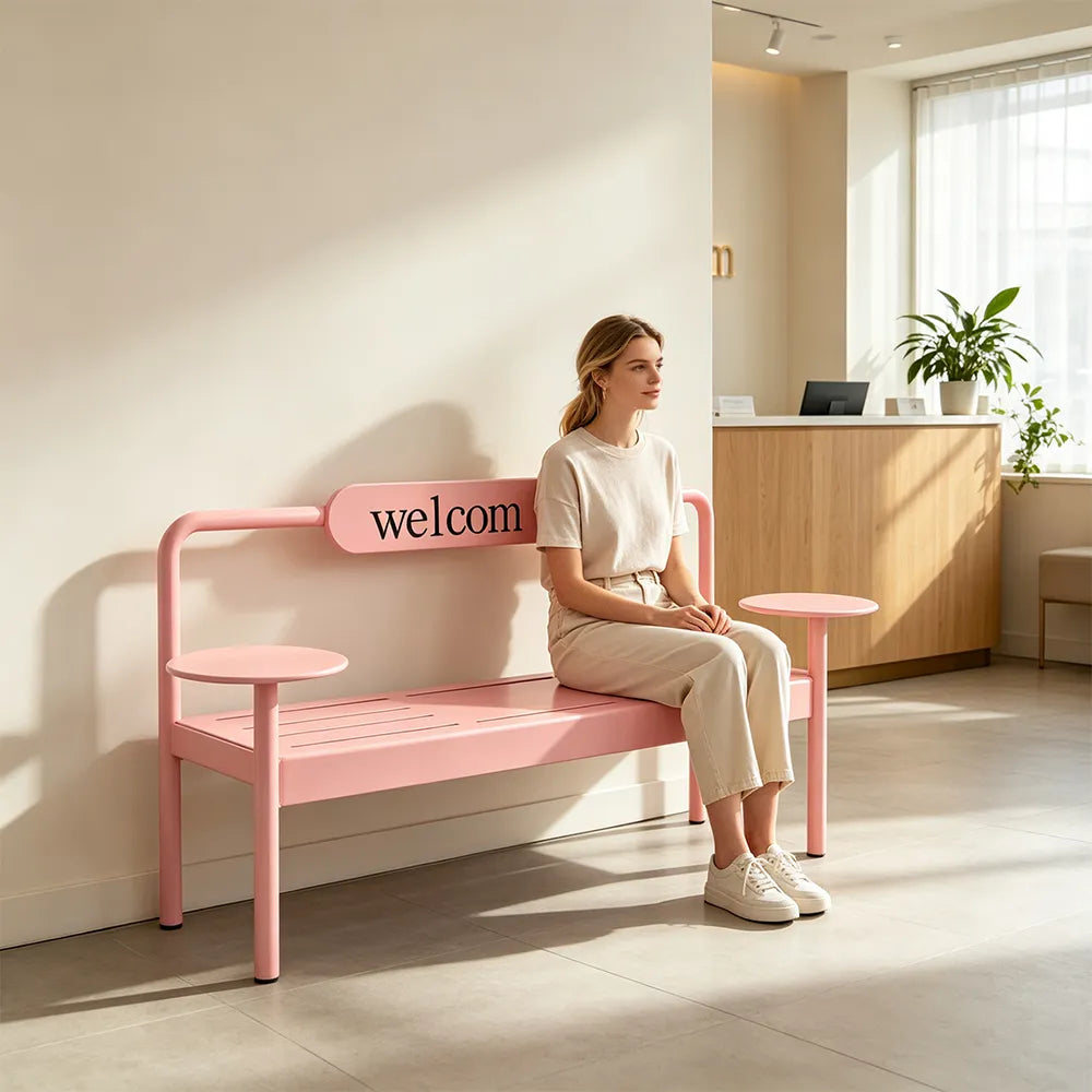 SOLARA Modern Iron Bench Space Saving Design Dual Side Tables for Lobby Waiting Area Retail Store & Reception Space - Pink