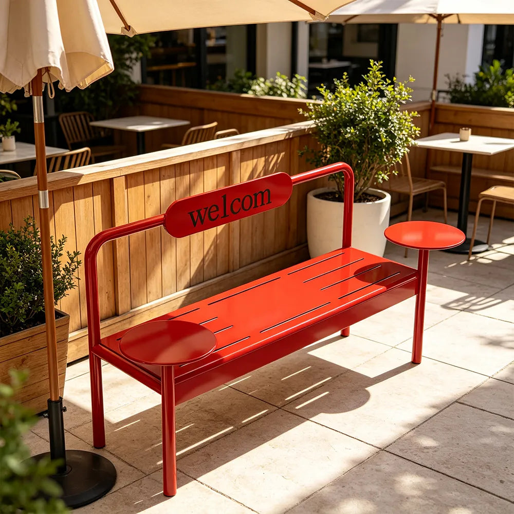 SOLARA Modern Iron Bench Space Saving Design Dual Side Tables for Lobby Waiting Area Retail Store & Reception Space - Red