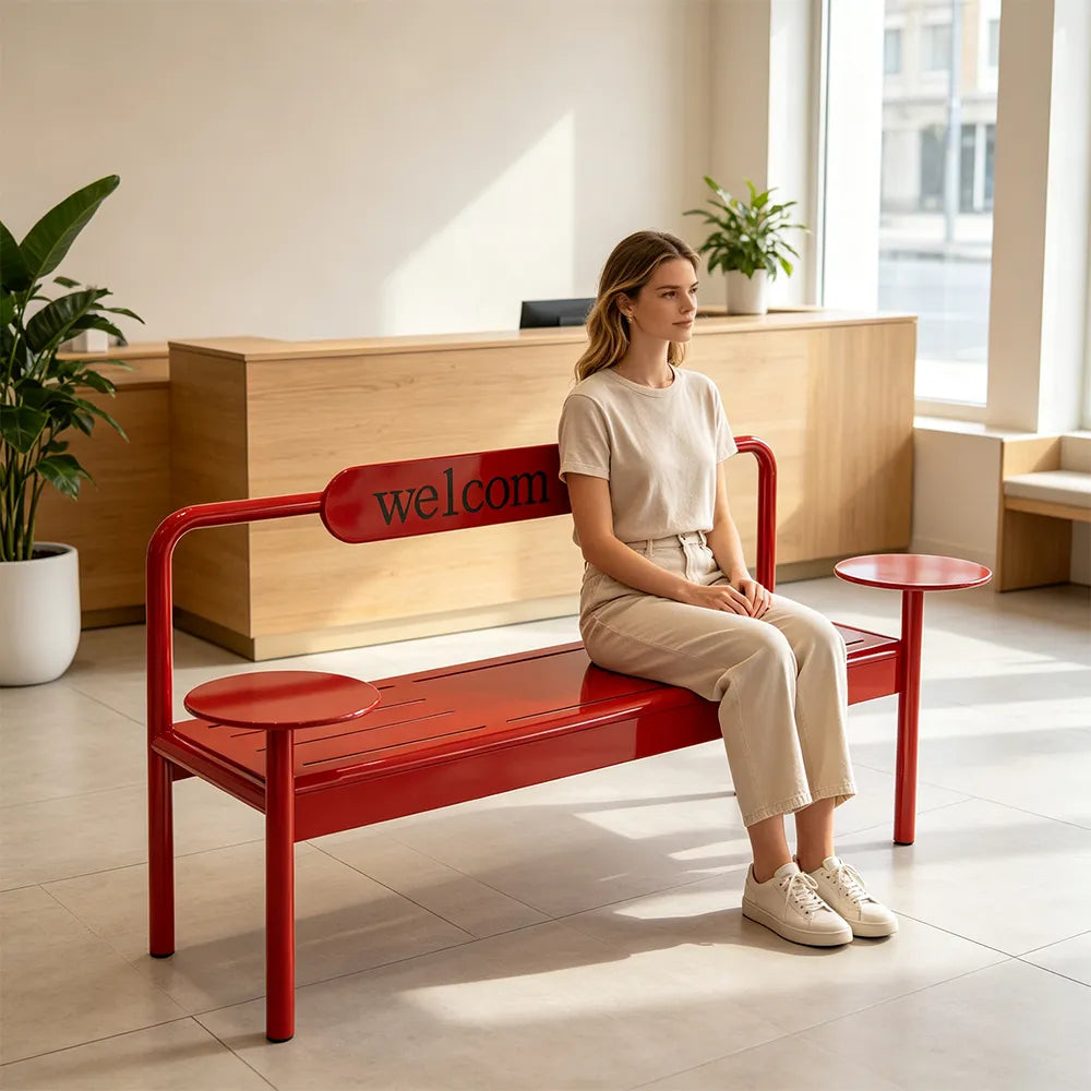 SOLARA Modern Iron Bench Space Saving Design Dual Side Tables for Lobby Waiting Area Retail Store & Reception Space - Red