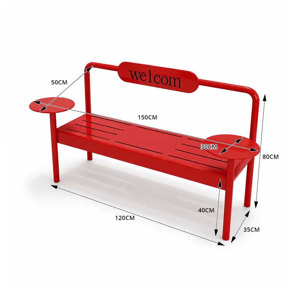 SOLARA Modern Iron Bench Space Saving Design Dual Side Tables for Lobby Waiting Area Retail Store & Reception Space - Red