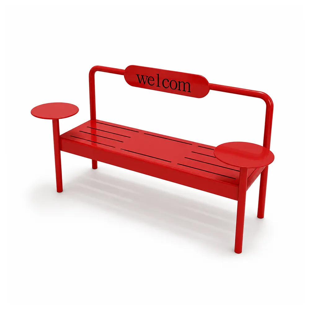 SOLARA Modern Iron Bench Space Saving Design Dual Side Tables for Lobby Waiting Area Retail Store & Reception Space - Red
