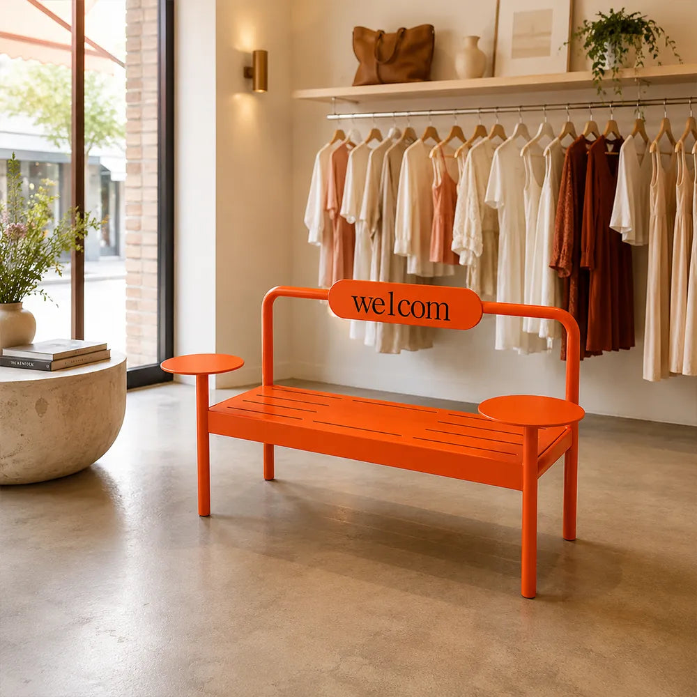 SOLARA Modern Iron Bench Space Saving Design Dual Side Tables for Lobby Waiting Area Retail Store & Reception Space - Orange