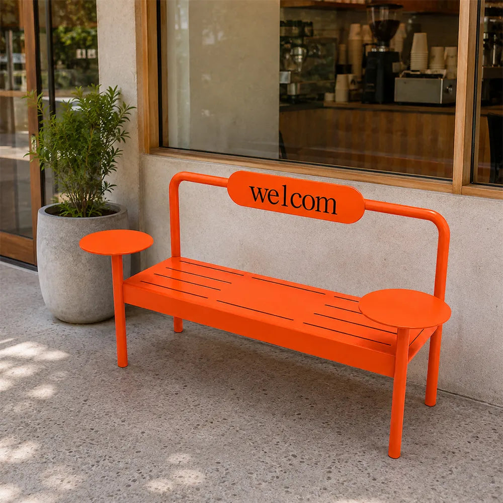 SOLARA Modern Iron Bench Space Saving Design Dual Side Tables for Lobby Waiting Area Retail Store & Reception Space - Orange