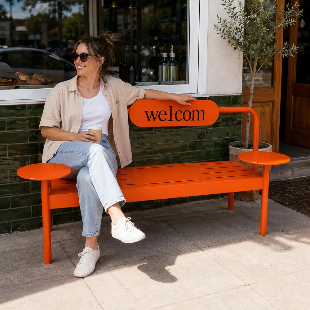 SOLARA Modern Iron Bench Space Saving Design Dual Side Tables for Lobby Waiting Area Retail Store & Reception Space - Orange