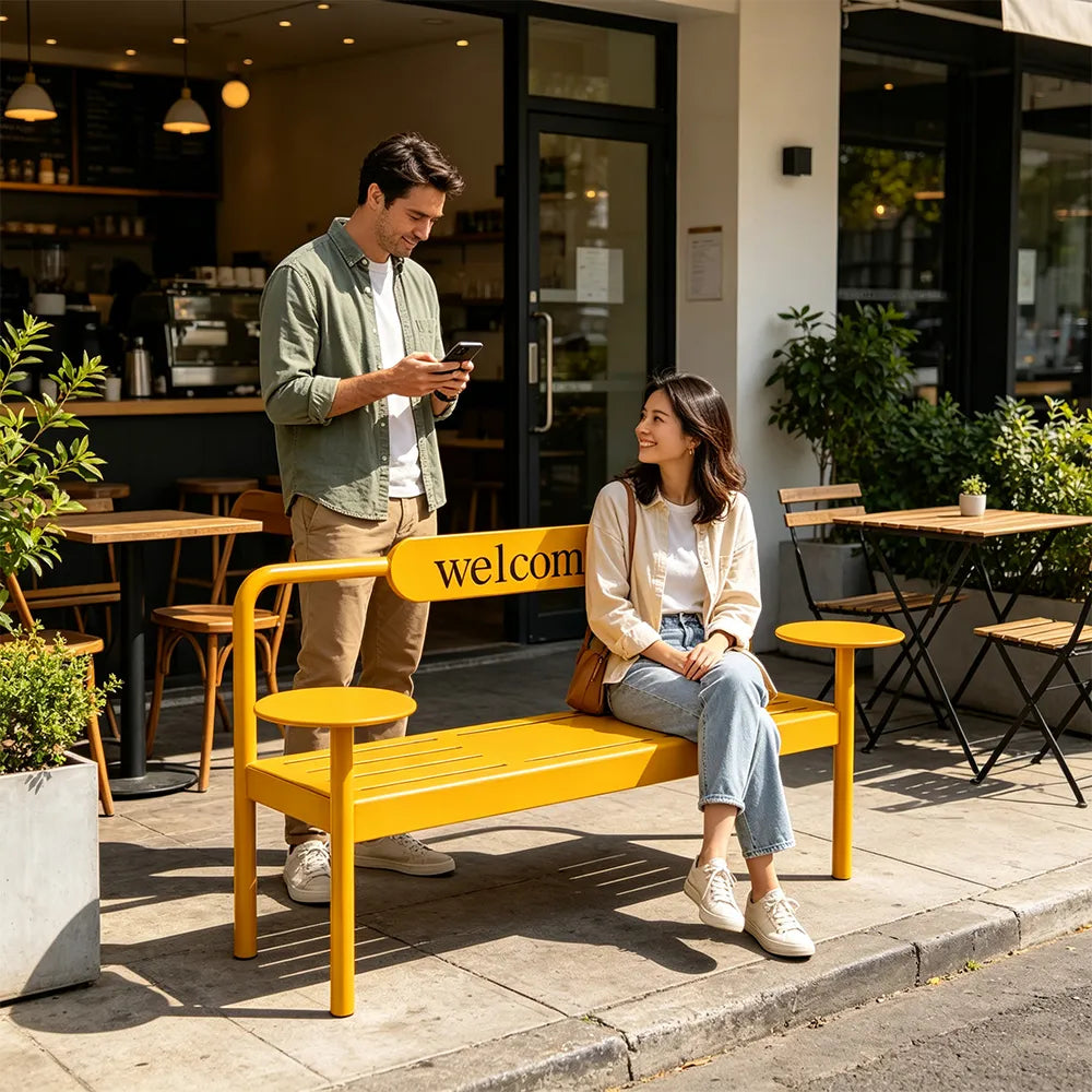SOLARA Modern Iron Bench Space Saving Design Dual Side Tables for Lobby Waiting Area Retail Store & Reception Space - Yellow