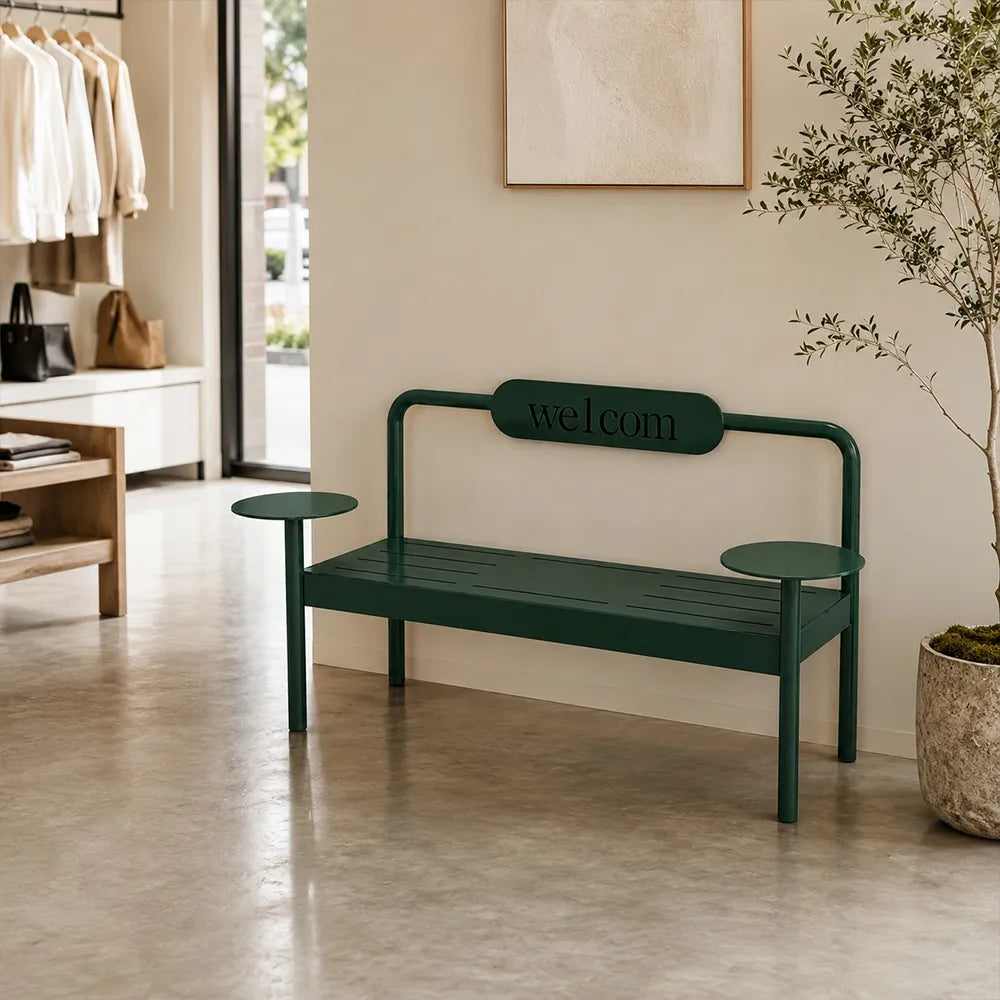 SOLARA Modern Iron Bench Space Saving Design Dual Side Tables for Lobby Waiting Area Retail Store & Reception Space - Green