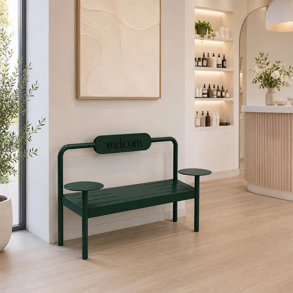 SOLARA Modern Iron Bench Space Saving Design Dual Side Tables for Lobby Waiting Area Retail Store & Reception Space - Green